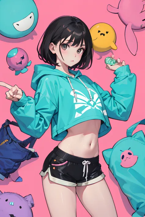 (child)，（​masterpiece，Highest Quality），Crop Top Look，Pastel Hoodie，(Gingham Check Shorts)，A dark-haired，World of toys
