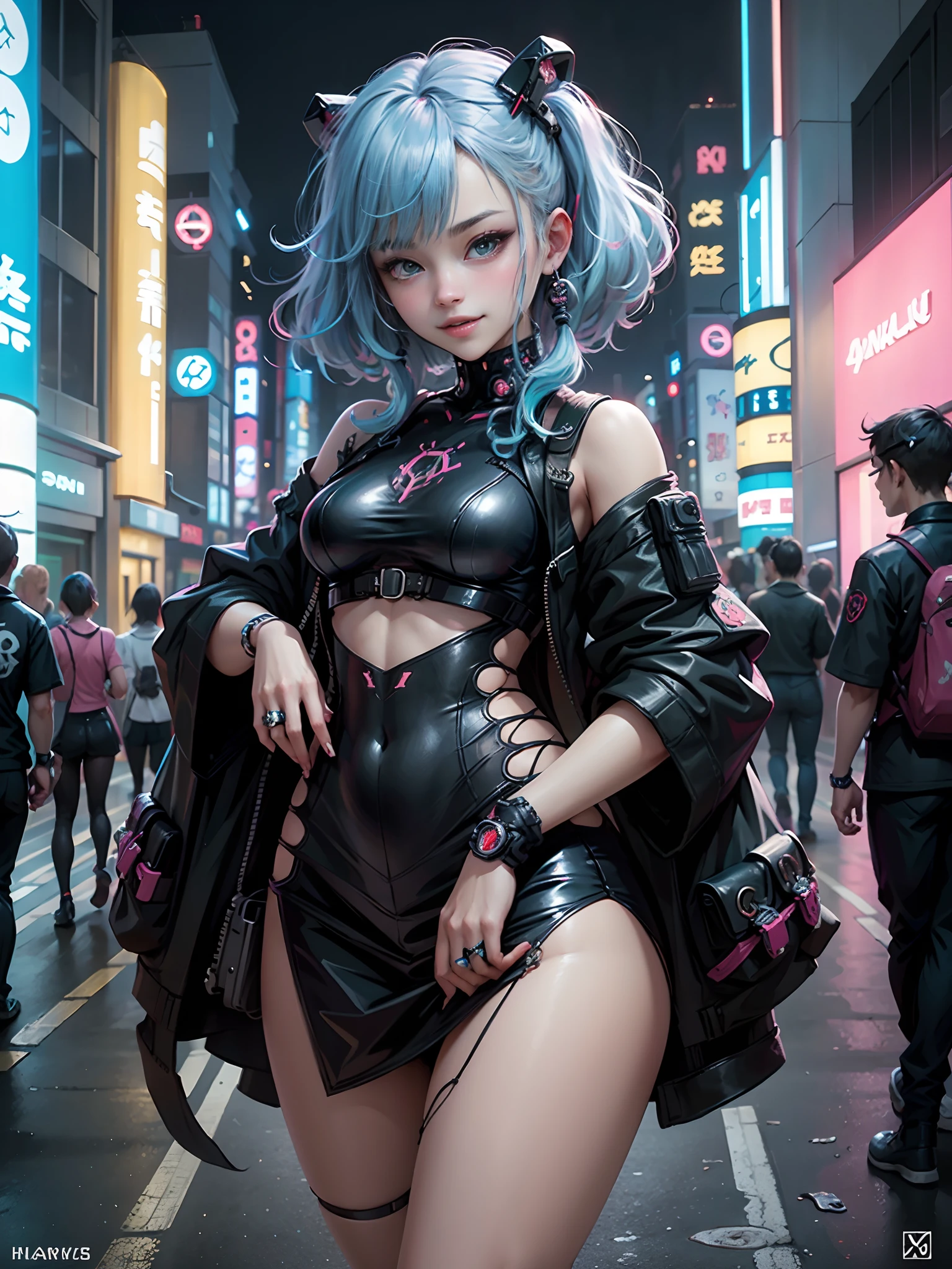 Meisterwerk, beste Qualität, 2 lächelnde Cyberpunk-Mädchen im Teenageralter stehen zusammen und machen ein Selfie-Portrait, ((((Von Harajuku inspirierte Cyberpunk-Kleidung)))), kräftige Farben und Muster, auffällige Accessoires, trendige und innovative Frisur))), ((Wahnsinnige Details)), schillernde Cyberpunk-Stadtlandschaft, Wolkenkratzer, Leuchtende Neonschilder, (LED Lichter), Anime-Illustration, detaillierte Hautstruktur, detaillierte Stoffstruktur, Schönes, detailliertes Gesicht, komplizierte Details, Extrem detailliert, Filmische Beleuchtung, starker Kontrast.