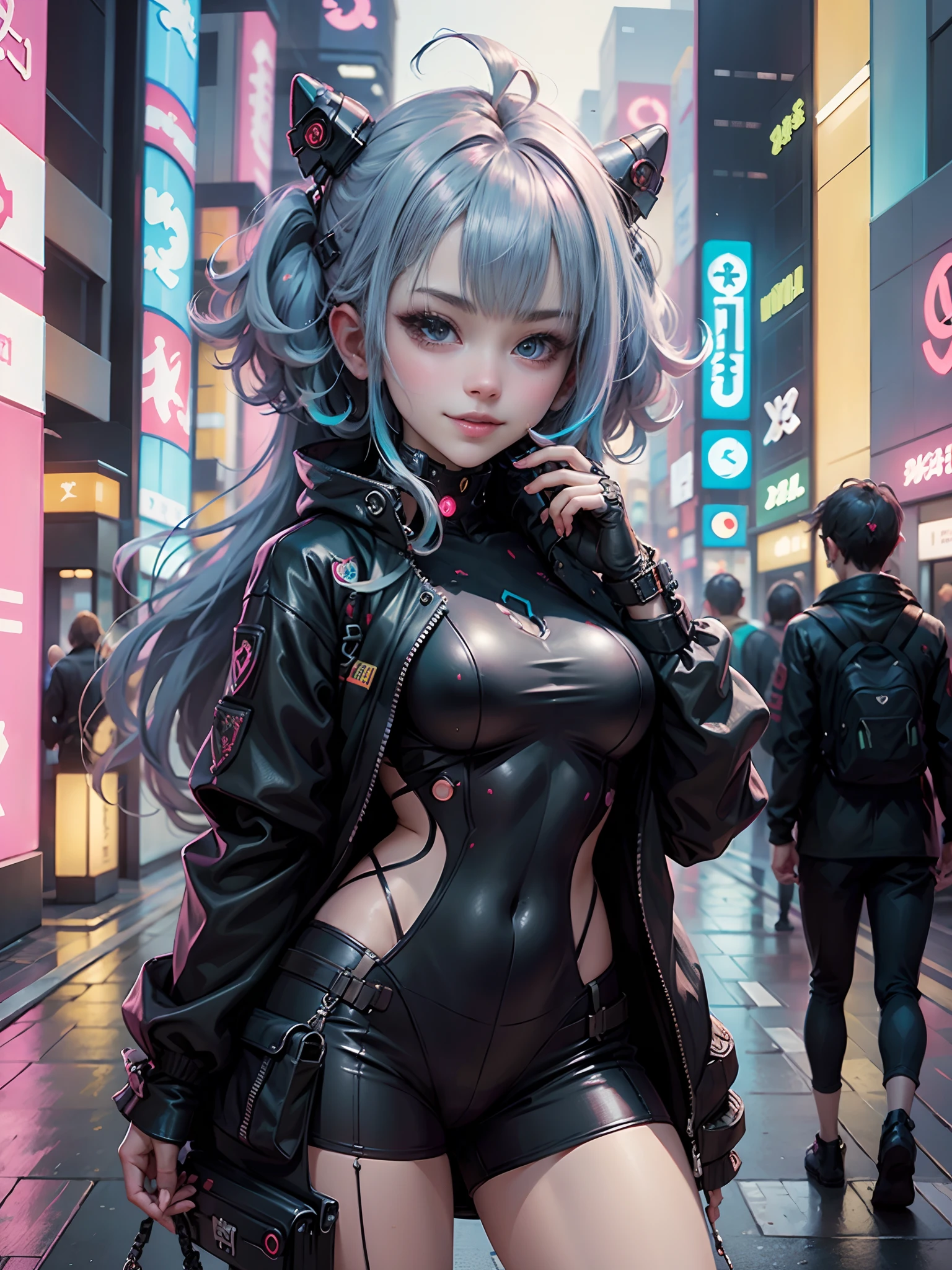 masterpiece, best quality, 2 smiling teenaged cyberpunk girls standing together taking selfie portrait, ((((Harajuku-inspired cyberpunk clothing)))), bold colors and patterns, eye-catching accessories, trendy and innovative hairstyle))), ((insane detail)), dazzling Cyberpunk cityscape, skyscrapers, glowing neon signs, (LED lights), anime illustration, detailed skin texture, detailed cloth texture, beautiful detailed face, intricate details, ultra detailed, cinematic lighting, strong contrast.