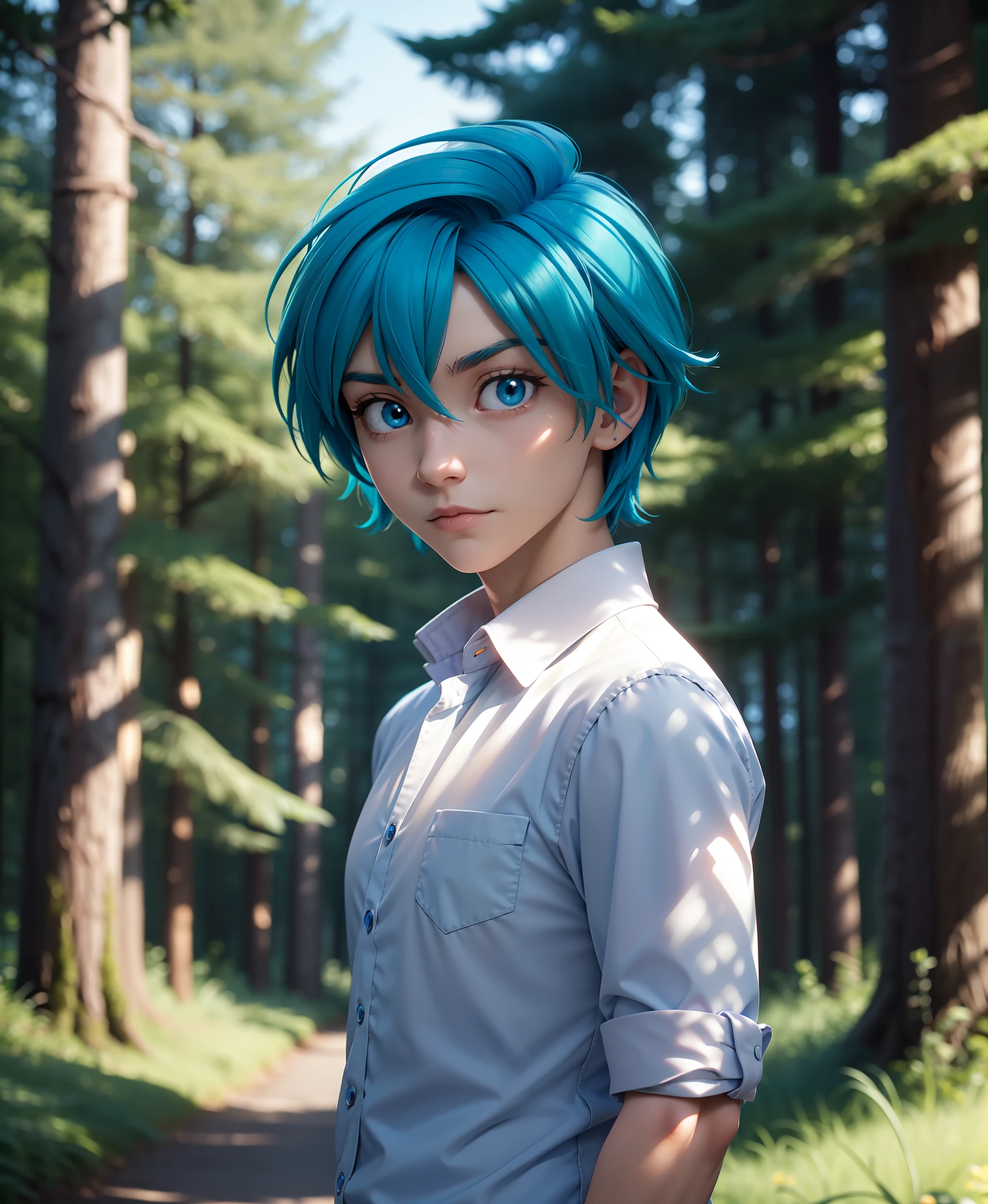 trace-legacy, twokinds, by tom_fischbach,, (best quality, masterpiece:1), solo, male human, blue eyes, medium hair, blue hair, portrait, looking at viewer, (outdoors dark forest trees blurry blurred background:1.1),