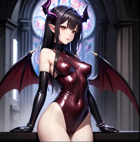 Cybernetic Succubus, red cybernetic leotard, anime style, little horn, little bat wings, pale skin, totally black eyes, wide hip, extreme beauty, full body, church background --auto --s2
