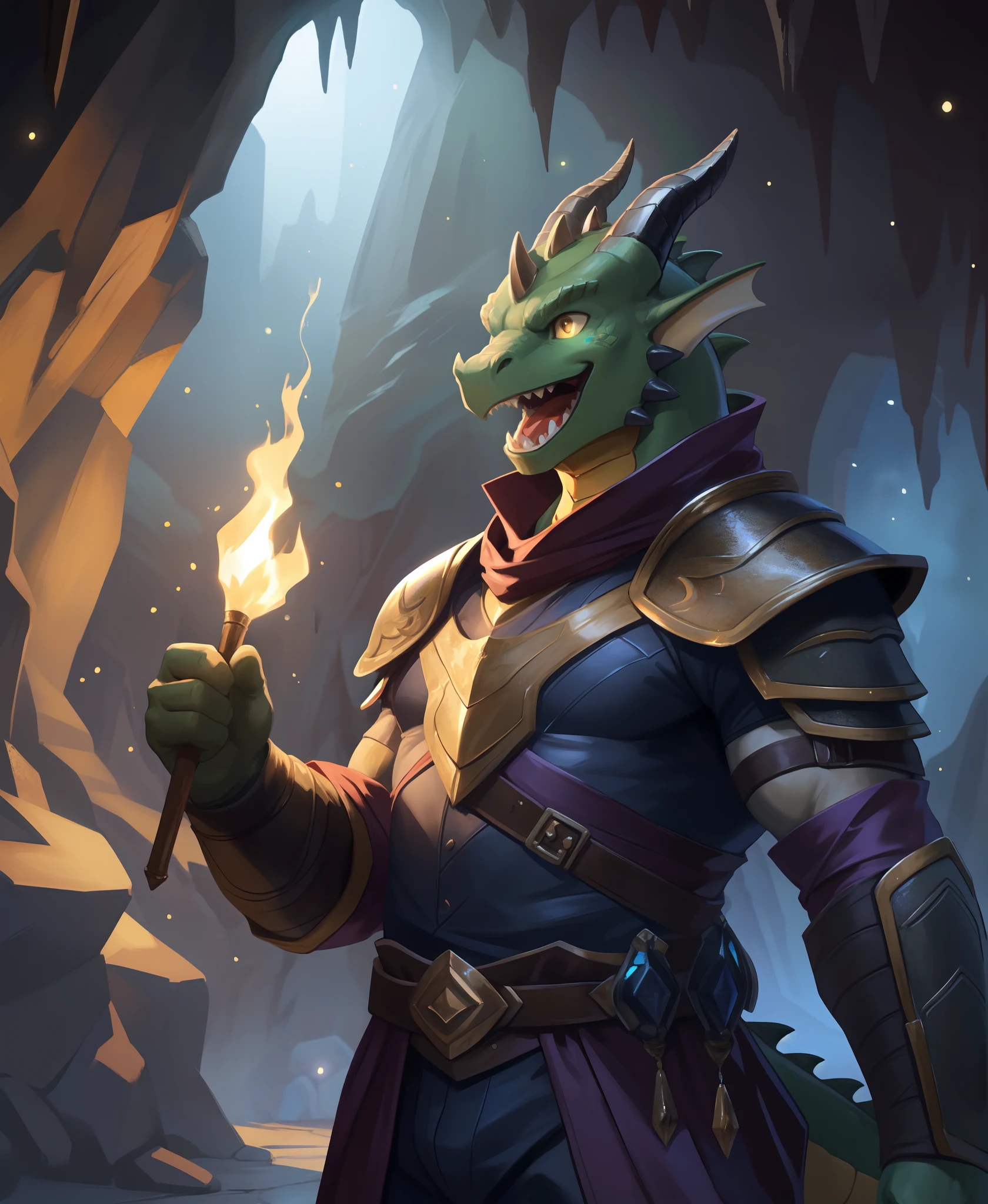 solo, male, adventurer, (male anthro dragon:1.3), (green body:1.1), yellow belly, (standing:1.3), (kemono:1.2), (cave:1.23), (leather armor), (excited:1.3), open mouth,  ,detailed eyes, dragon tail, horn, (bust portrait), (detailed eyes), (indoors:1.35), crystal, torch, smoke, dnd, (dark:1.4), (particles ,firefly, blue glowing:1.3), detailed background, 8k hd, (dark shadows, wide dynamic range, hdr, low light:1.2), by Pino Daeni, canyne khai, milkytiger1145, (bara)