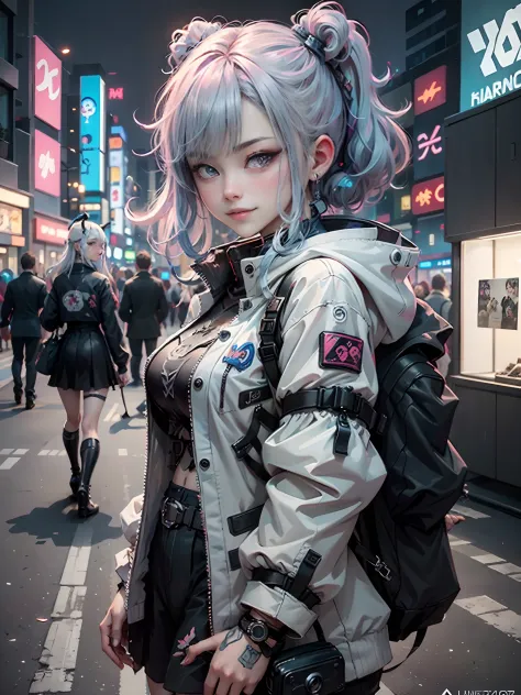 Anime masterpiece, best quality, 2 smiling teenaged cyberpunk girls ((wearing detailed Harajuku tech jackets)) standing together...