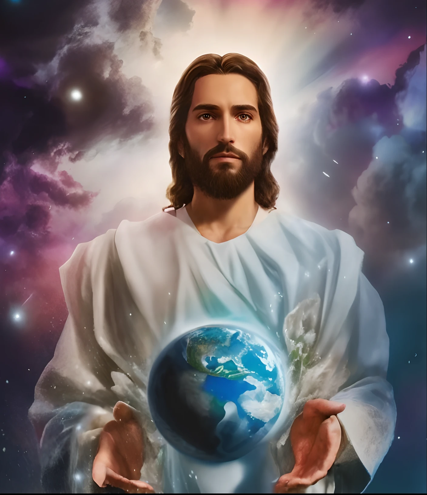 Jesus holding the earth in his hands, Jesus Cristo, Jovem Deus Todo-Poderoso, Jesus Cristo em Mass Effect, imagens religiosas, O Senhor e Salvador, Segunda vinda, O Criador da Terra, arte conceitual de deus, creation of the world, Retrato de Jesus Cristo, imagens sagradas, Jesus, The One True God, Vestido como Jesus Cristo, jesus of nazareth, 16k, highes definition, rosto detalhado, rosto detalhado, olhos detalhados, terno detalhado, estilo DC, hiper-realista, + Cinematographic shot + dynamic compositing, incrivelmente detalhado, nitidez, detalhes + detalhes soberbos + noite com luz + perfeccionismo + realismo premiado ((soft-lighting))