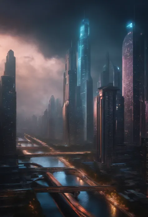 futuristic dystopian city, noite de chuva clara, varias pessoas, Tall buildings.