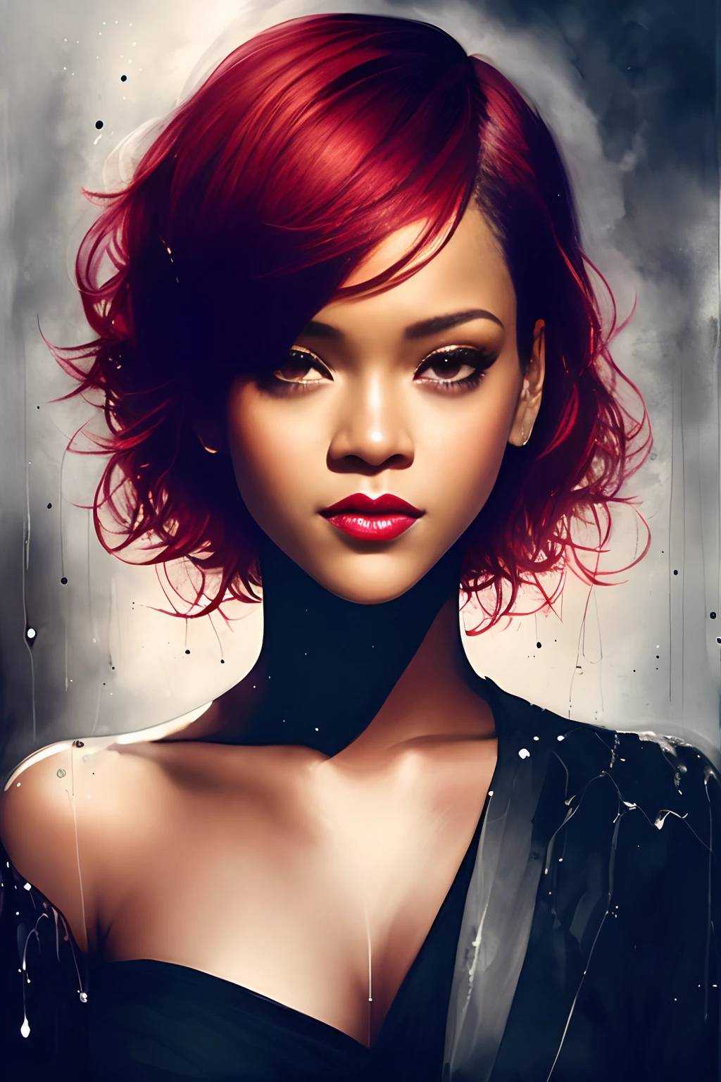 uma mulher (Rihanna) com cabelo ruivo curto, Sorriso, por Inês Cecile, design luminoso, Preto e branco, gotas de tinta, luzes de outono