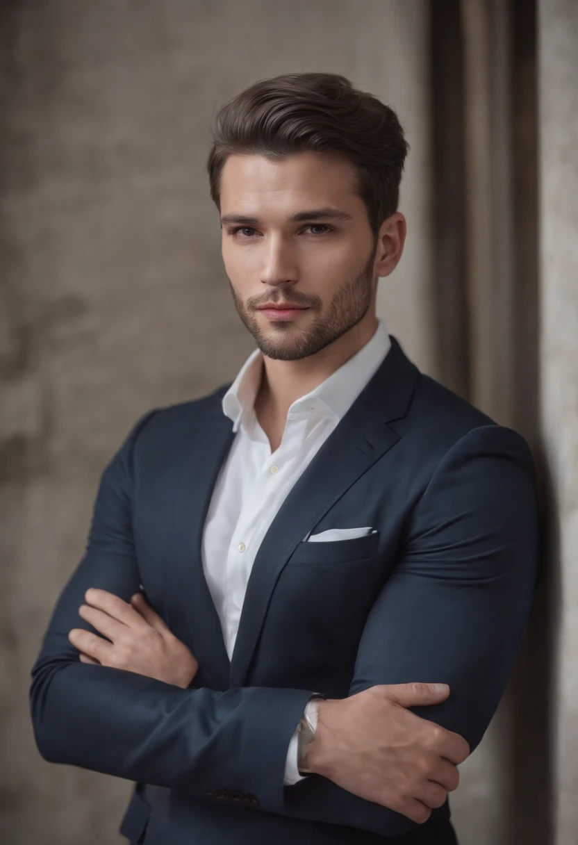 Homme en costume, Pretty male, barbe, elegant, Belle et attrayante, dark skinned, souche de cheveux couvrant le front, short cut hair, Neat hair, Haut, viril, Corpo Hunk, brawny, broad shoulder, visage droit, cheveux noirs, beste-Qualit, high resolucion: 1.2, шедевр, rendering, background dark, Detailed costume, face detailed, Upper body pulled, arms crossed, Runic scene in the background