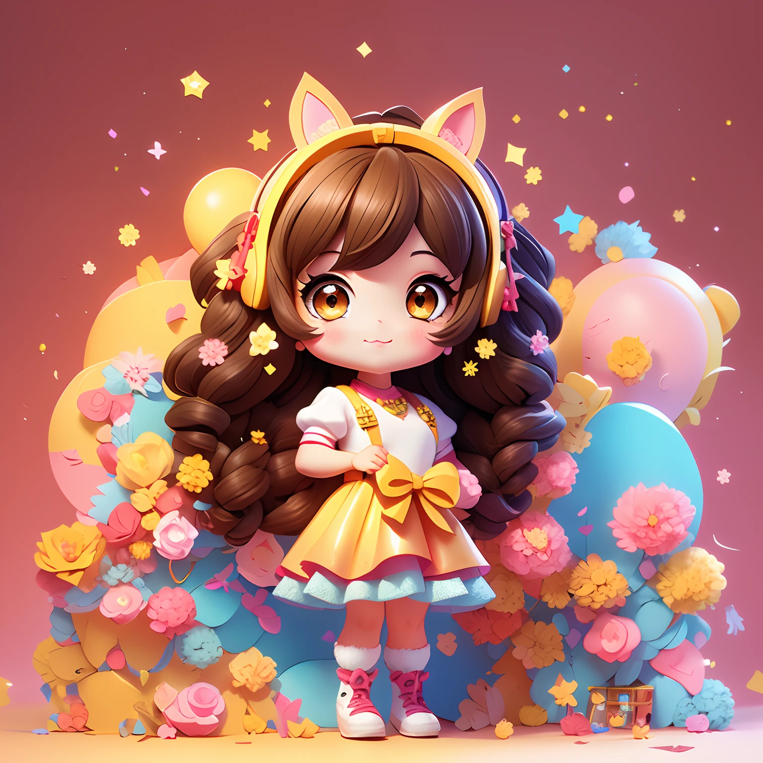 1girl, animal ears, tail, chibi, brown hair, doggy ears, solo, puppy tail, long hair, hair ornament, doggy girl, puppy girl, virtual youtuber, dress, gold eyes, ahoge, bow, white background, animal ear fluff, hairclip, holding