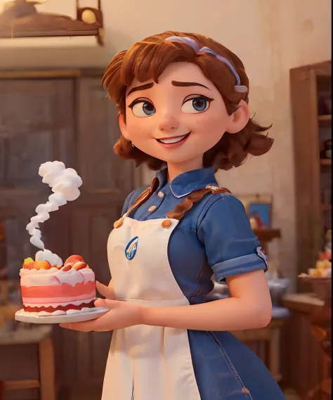 (Pixar-style poster of a cute girl seen from the front in a white chef's uniform, Smiling and showing a decorated medium cake. playful face, (com cabelos castanhos cacheados, pele jovem e delicada, queixo pequeno, queixo curto. expression of laughter, exag...