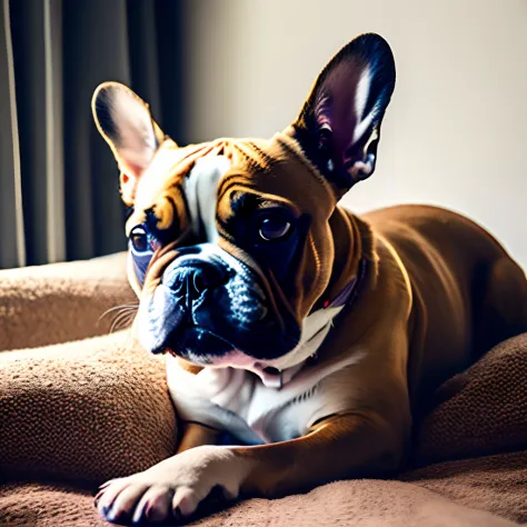 French bulldog on top of bed with his owner