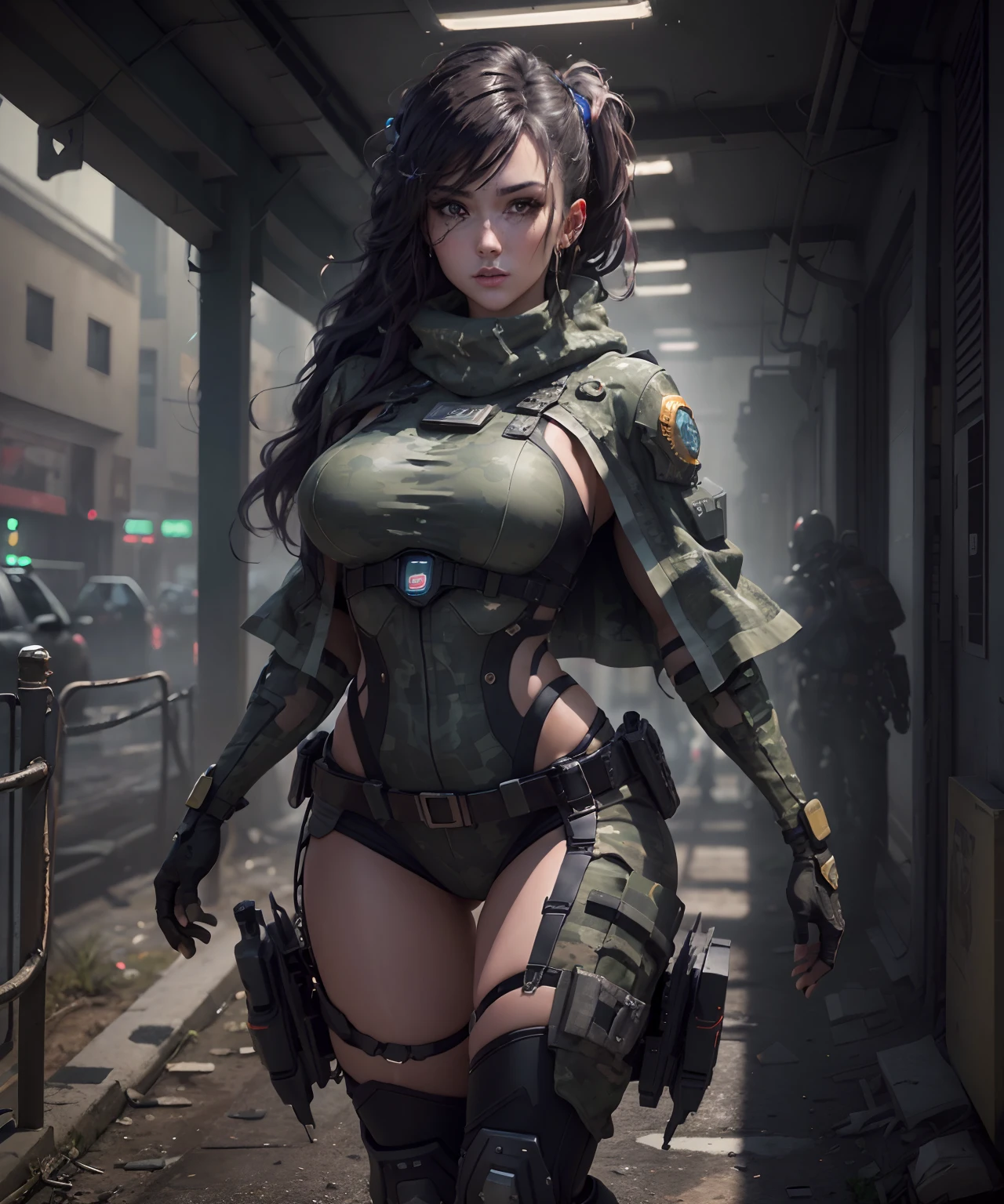 ((Best quality)), ((masterpiece)), (highly detailed:1.3), 3D, beautiful (cyberpunk:1.2) special forces, robort,female with thick voluminous hair wearing (wearing camouflage_uniform:1.1), body armour,cape,digital (camouflage:1.3),HDR (High Dynamic Range),Ray Tracing,NVIDIA RTX,Super-Resolution,Unreal 5,Subsurface scattering,PBR Texturing,Post-processing,Anisotropic Filtering,Depth-of-field,Maximum clarity and sharpness,Multi-layered textures,Albedo and Specular maps,Surface shading,Accurate simulation of light-material interaction,Perfect proportions,Octane Render,Two-tone lighting,Wide aperture,Low ISO,White balance,Rule of thirds,8K RAW,Efficient Sub-Pixel,sub-pixel convolution,
