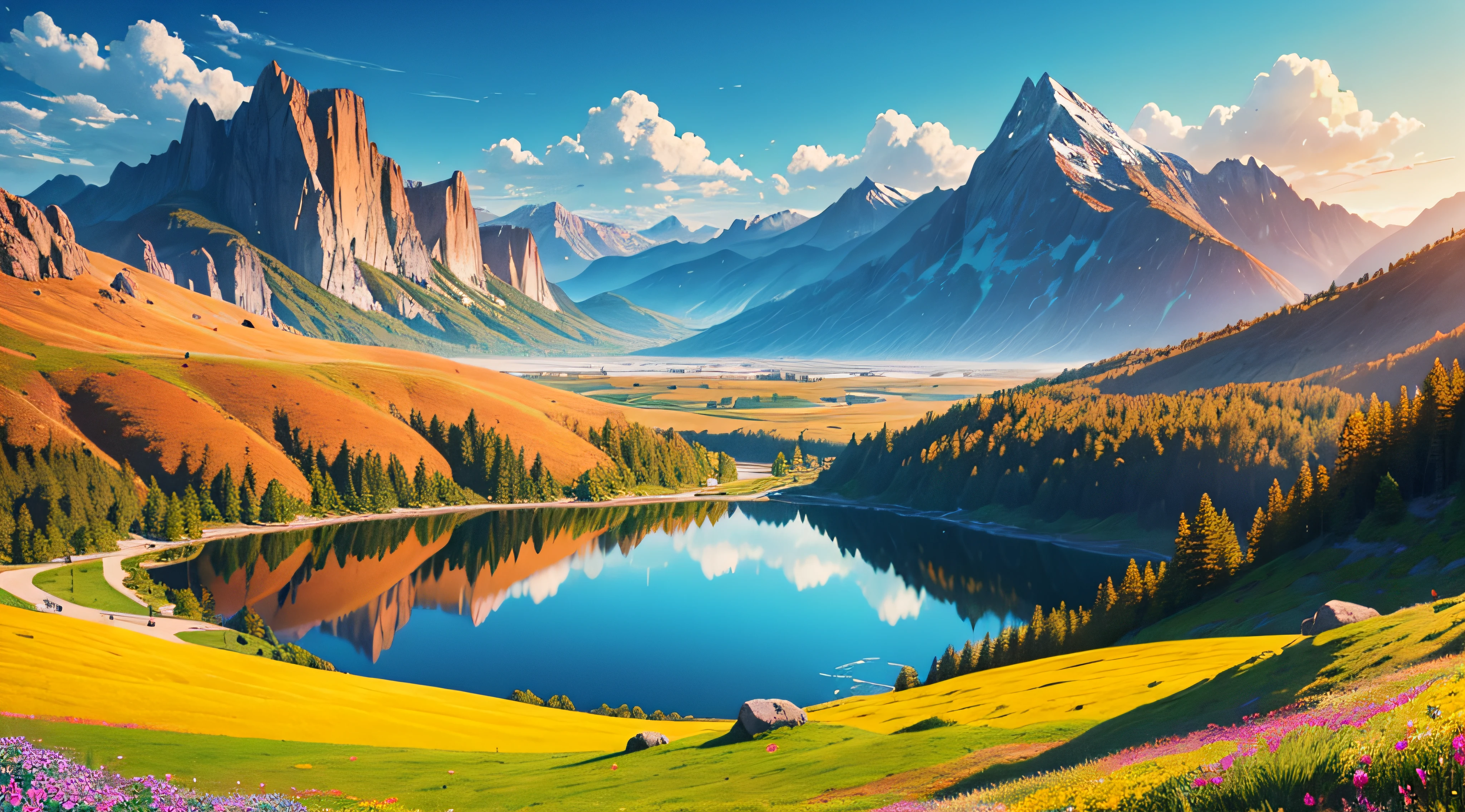 "Generate a breathtaking natural landscape with a serene, sunlit meadow overlooking a crystal-clear lake, surrounded by lush, towering mountains. The scene should include vibrant wildflowers, a gentle breeze rustling through the tall grass, and the soft glow of the setting sun casting warm, golden hues over the entire tableau."