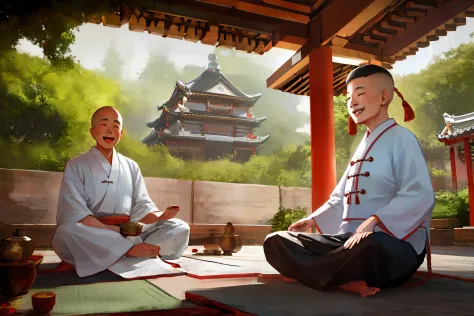 adults monk meditating, chinese temple, ultra-realistic 4k, laughing.