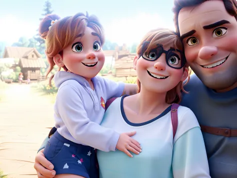 A Disney Pixar-style family in the woods on a sunny day, alta qualidade