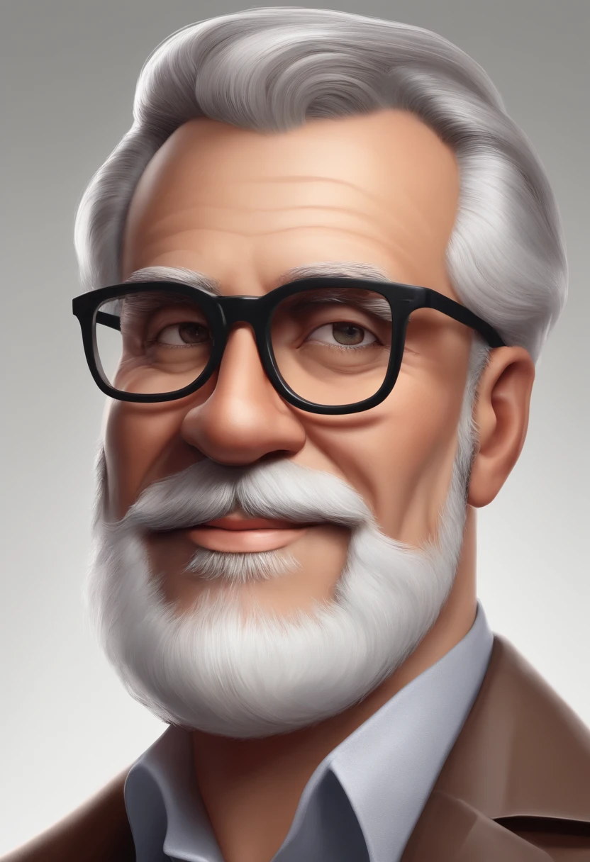 Cartoon character of a man wearing square black glasses, medium grey hair, eyes browns, medium height, greybeard, wearing black and red shirt, with a caramel dog, pixa style clear skin