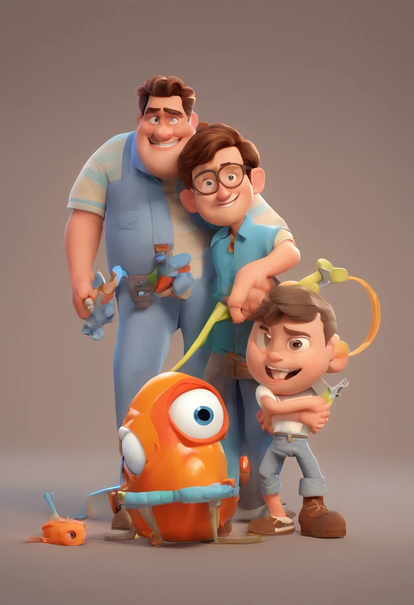 Estilo Pixar: The grown man is holding a naked blue-eyed boy and in his other hand he is holding a pair of scissors and is trying to cut off the boy's testicles,3D Poster,Disney