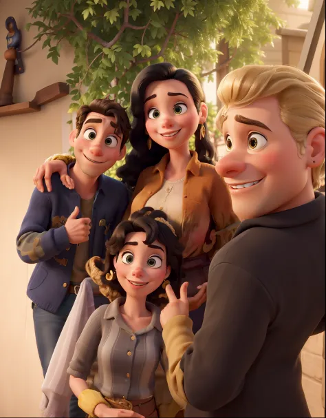 Obra-prima ao estilo Disney/Pixar in high quality and high resolution. The woman in the front is blonde and the man has black hair.