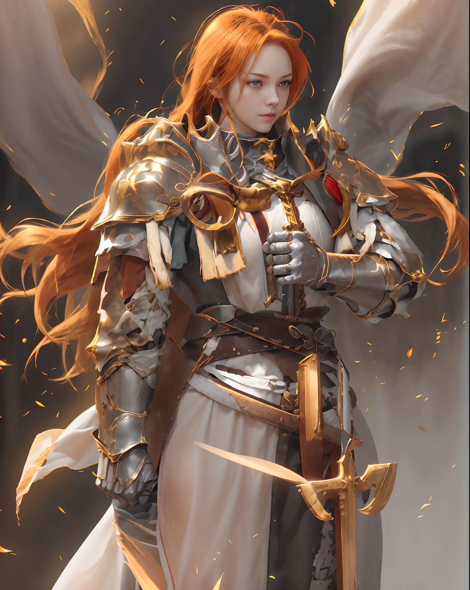 girl, realistic anime, teenager, long ginger hair, toned muscles, very strong, paladin, holy powers, thunder magic, holy hammer, holy shield, white and golden armor