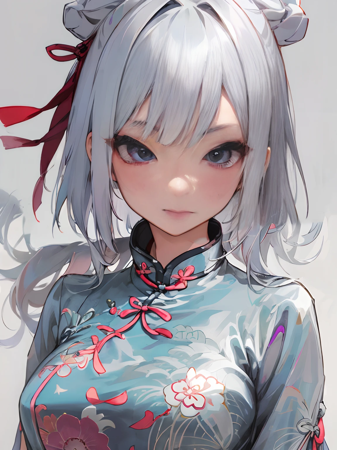 cheongsam beautiful face detail super detailed silver hair beautiful face