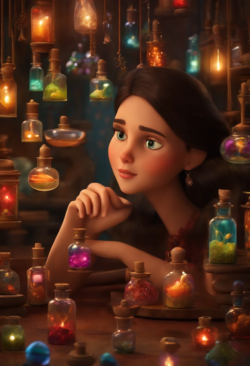 A collector of ideas inspired by Pixar animation, de perto. She is surrounded by a collection of magic vials, each containing a unique idea. The focus is on the character, with a captivating facial expression, Against a backdrop of shimmering, cores efervescentes.