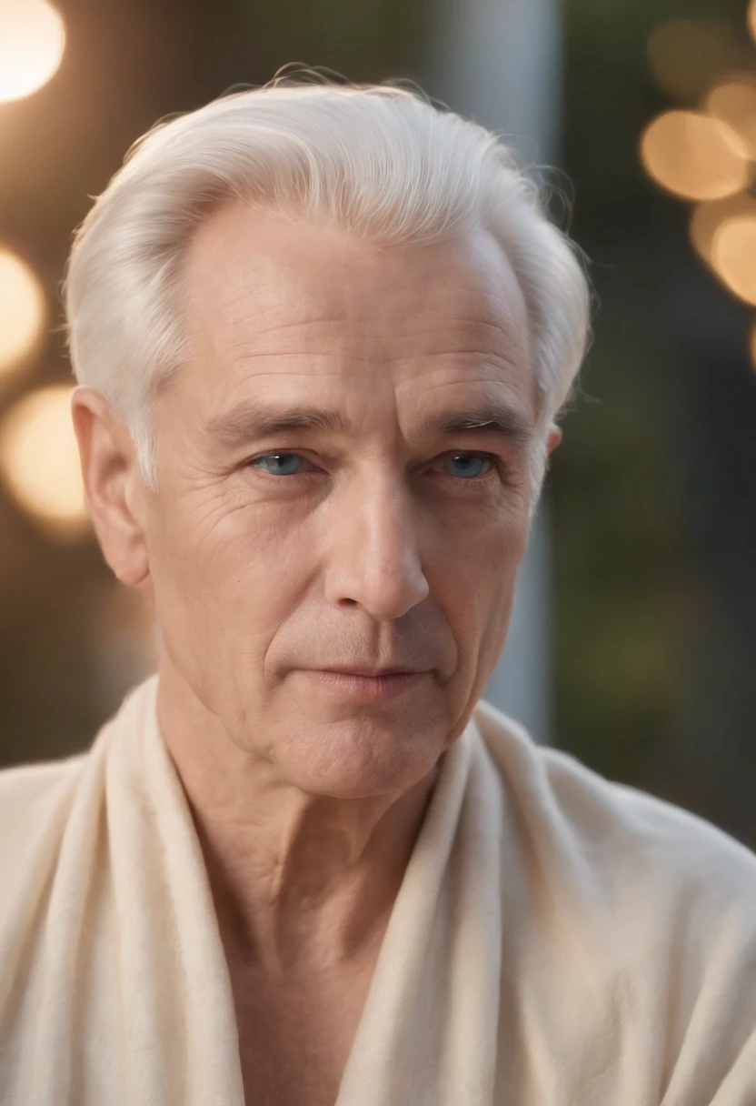 Old man , white hair , good skin, torso up , wearing beige cloth , sitting under stars staring at screen, good lighting, brown eyebrows, blue eyes  { "id": "photorealistic", "title": "photorealistic", "cover": "", "related_tags": null, "permission": 0, "is_collect": false }