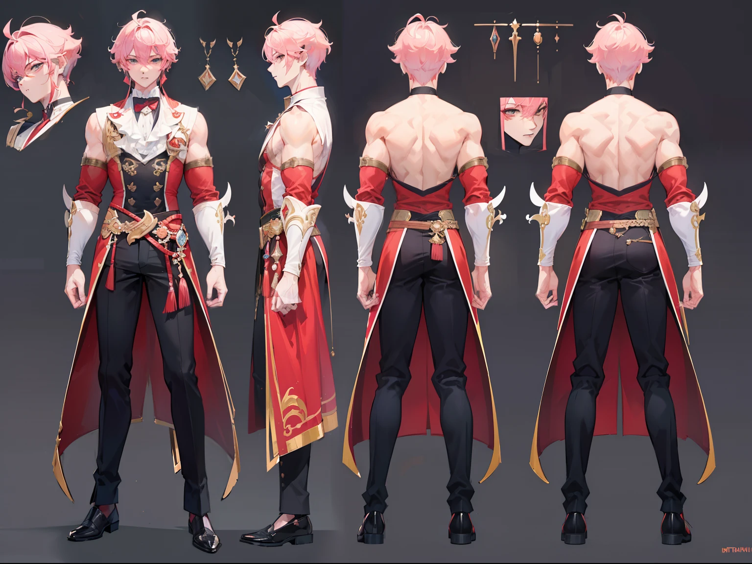 ((Masterpiece, Highest quality)), Male, boy, Detailed face, character design sheet， full bodyesbian, Full of details, frontal body view, back body view, Highly detailed, Depth, Many parts, Muscle boy with pink hair，handsome man, vampire outfit clothes, Genshin Impact, man tall