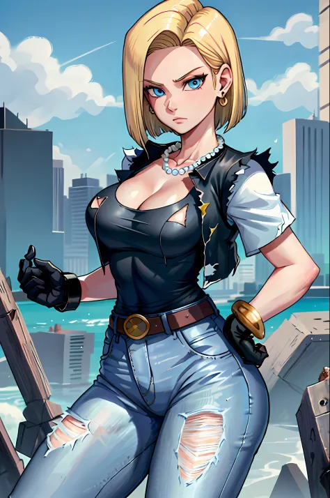 best quality, high definition, and18, 1girl, Android 18, solo, blonde hair, blue eyes, belt, jeans, pearl_necklace, bracelet, bl...