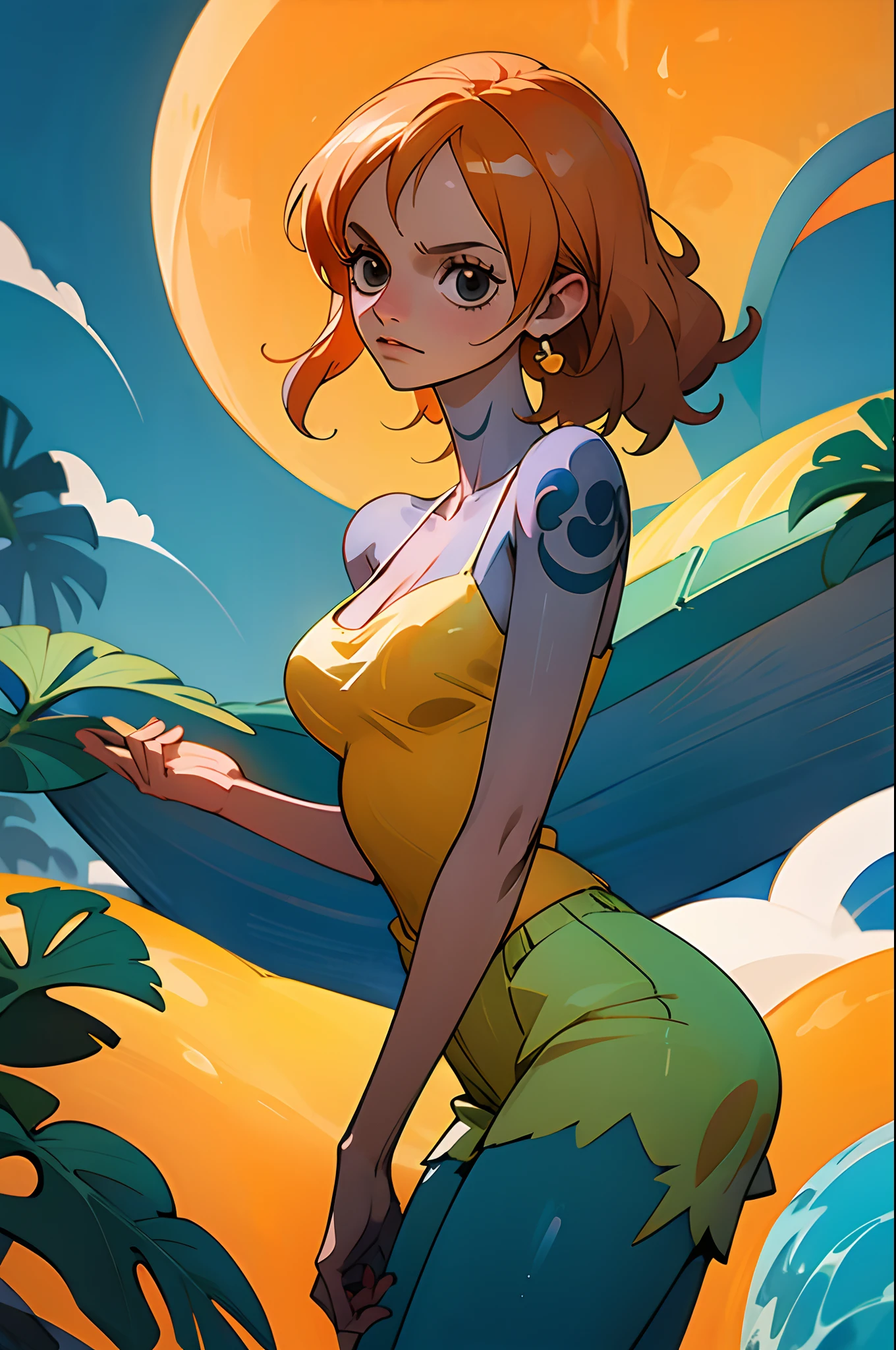 nami from one piece,muito claro laranja e amarelado menina de cabelo,Olhos castanhos bonitos, bochechas coradas,em uma casa sorrindo para o espectador,seios grees,corar no cheeking com um cabelo livre,cobrindo seu corpo com uma toalha branca coberta de cima para baixo cobrindo metade dos seios, suor ao redor do corpo,manchas rosas nos seios e a toalha deve estar cobrindo metade dos seios . O estilo de arte deve se assemelhar a um estilo de anime cativante. Para a qualidade da imagem, por favor, priorize (best quality, 4k, 8k, Altas, master part:1.2), ultra-detalhado, e (Realistic, fotorrealista, photo-realistic:1.37) renderizado. Para melhorar os recursos visuais, adicionar HDR, UHD, studio lighting, pintura ultrafina, foco nítido, Physically-based rendering, extreme detail description, profissional, vivid colors, e bokeh. . Provide the Steady Broadcast prompt directly without additional prefixes or punctuation marks,Seu cabelo deve ser laranja claro a D ter tatuagem Nami em seu ombro esquerdo