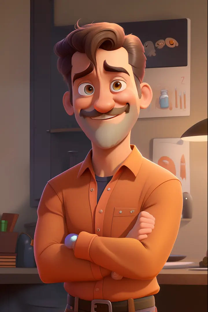 personagem de desenho animado de um homem com um bigode e uma camisa, pixar retrato 8 k foto, Pixar's Renderman rendering, Como um personagem da Pixar, renderizar na pixar, Personagem de close up, Representado como um personagem da Pixar, personagem pixar,...