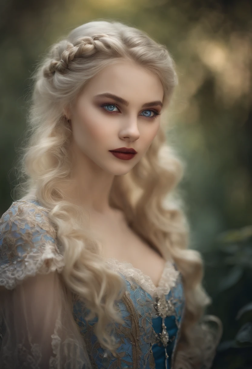 Vampire Princess, 16 years old, breathtakingly beautiful  , blue eyes, whitish blonde hair,victorian dress, realistic