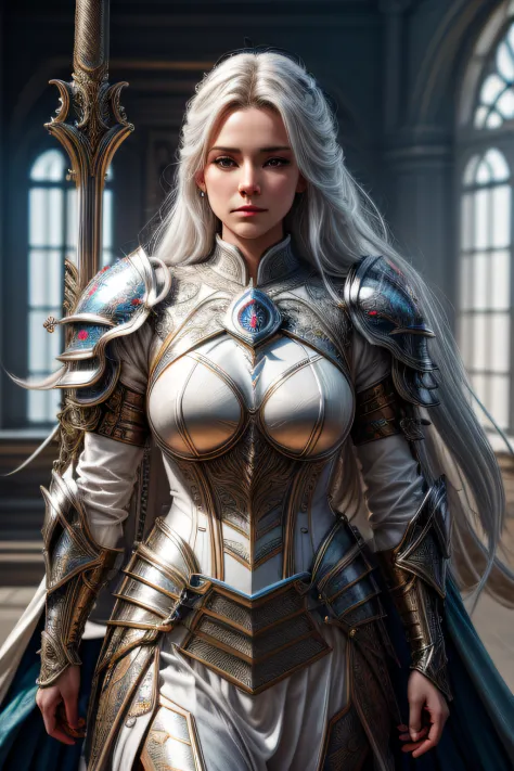 (fantasy movie poster: 1.5) named The White Knight,(movie poster: 1.5), RPG art, a beautiful  woman knight ridong a white horse,...