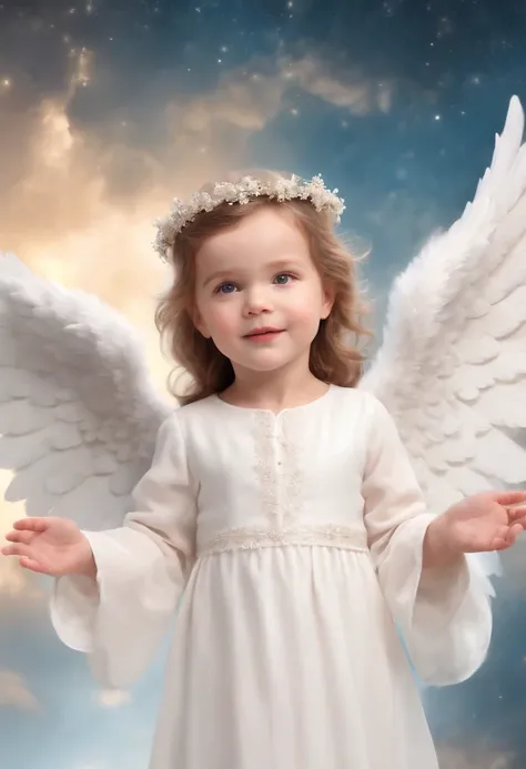 A close up of a child dressed in a white dress with angel wings - SeaArt AI