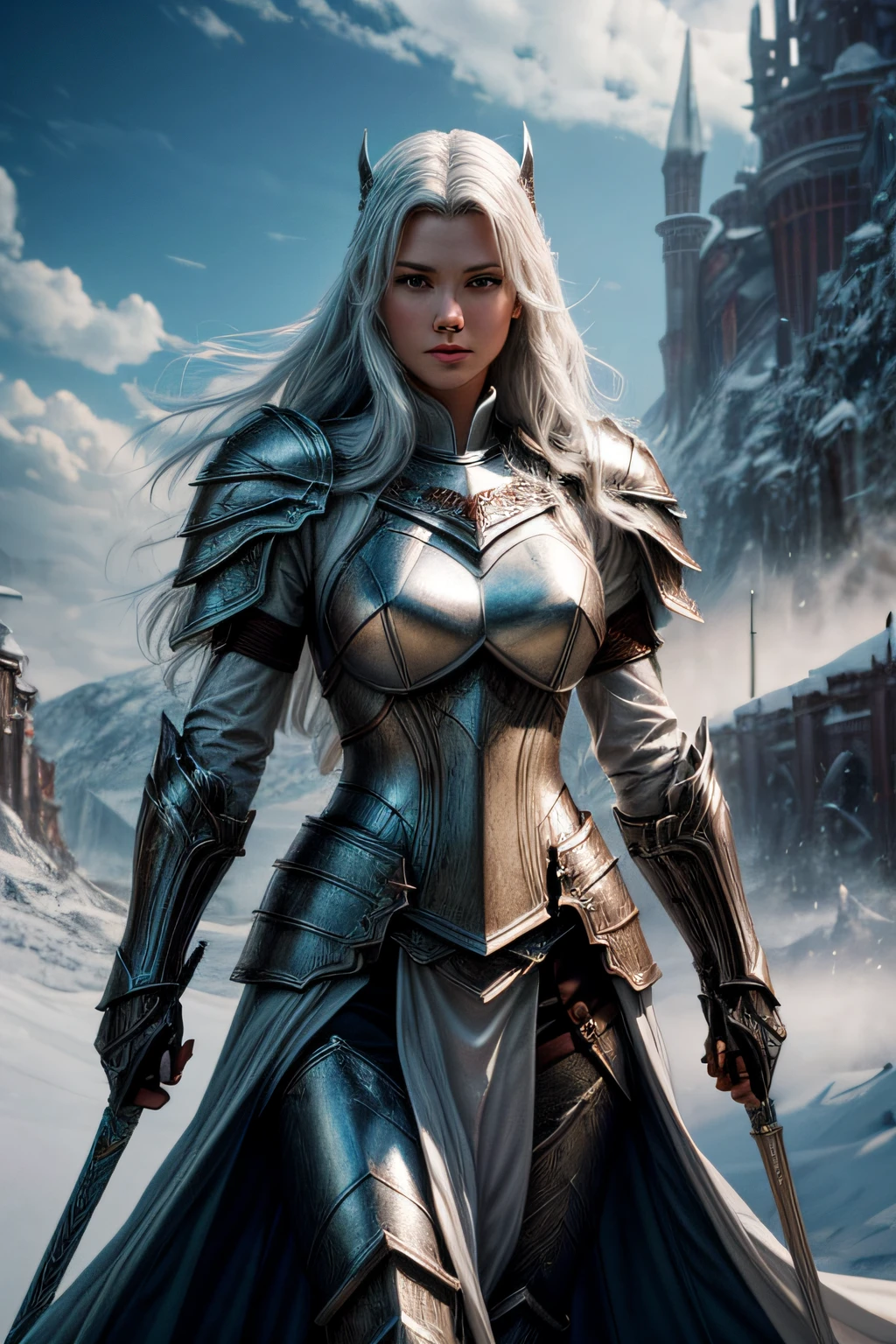 (fantasy movie poster: 1.5) named The White Knight,(movie poster: 1.5), RPG art, a beautiful  (woman: 1.3), white knight ridong a white horse, armed with a sword, wearing heavy armor LnF, Ultra-Wide Angle, high detail, award winning, best quality, HD, 16K, rendering, high details, best quality, highres, ultra wide angle, 3D rendering, [[anatomically correct]]