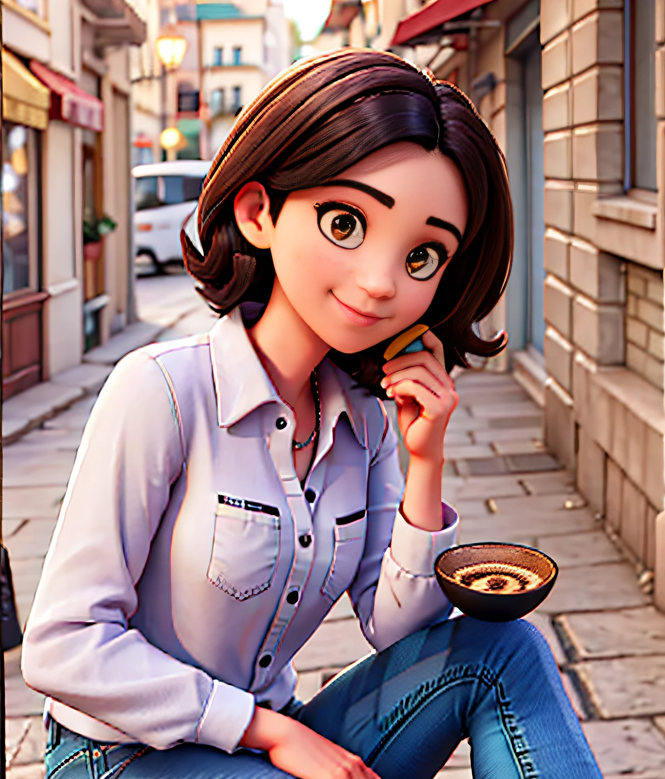 Beautiful Brazilian woman sitting and drinking coffee outside on the side of the street in a small café, beautiful face, Short black hair down to the nape of her neck with brown eyes and heavy eyeshadow, Wearing jeans and a black polo shirt, grande estilo de moda, looking at you with loving eyes and a soft smile, Background is a European city of the city center, fundo desfocado, profundidade de campo rasa, Cinematic light, luz suave, retroiluminado, micro-detalhes, renderizado, fotorrealista, cinemactic, 85mm 1.4
