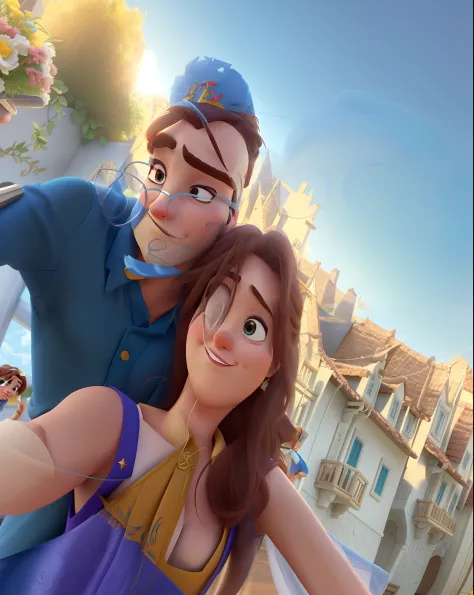 Casal (homem branco e mulher branca) no estilo Disney Pixar, alta qualidade, melhor qualidade.