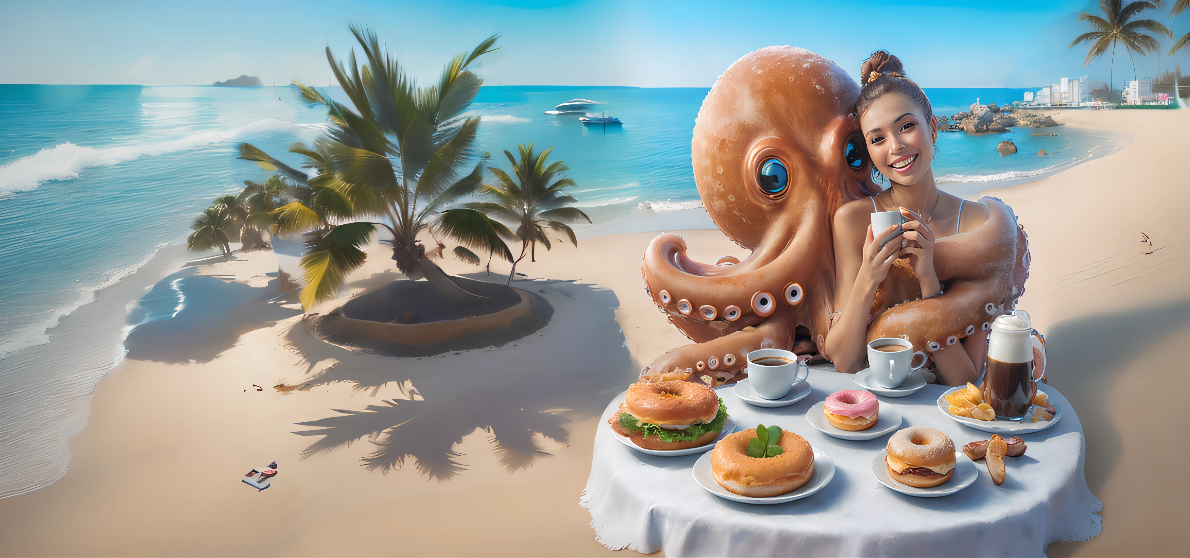 There is a woman sitting at a table with a giant octopus on it - SeaArt AI