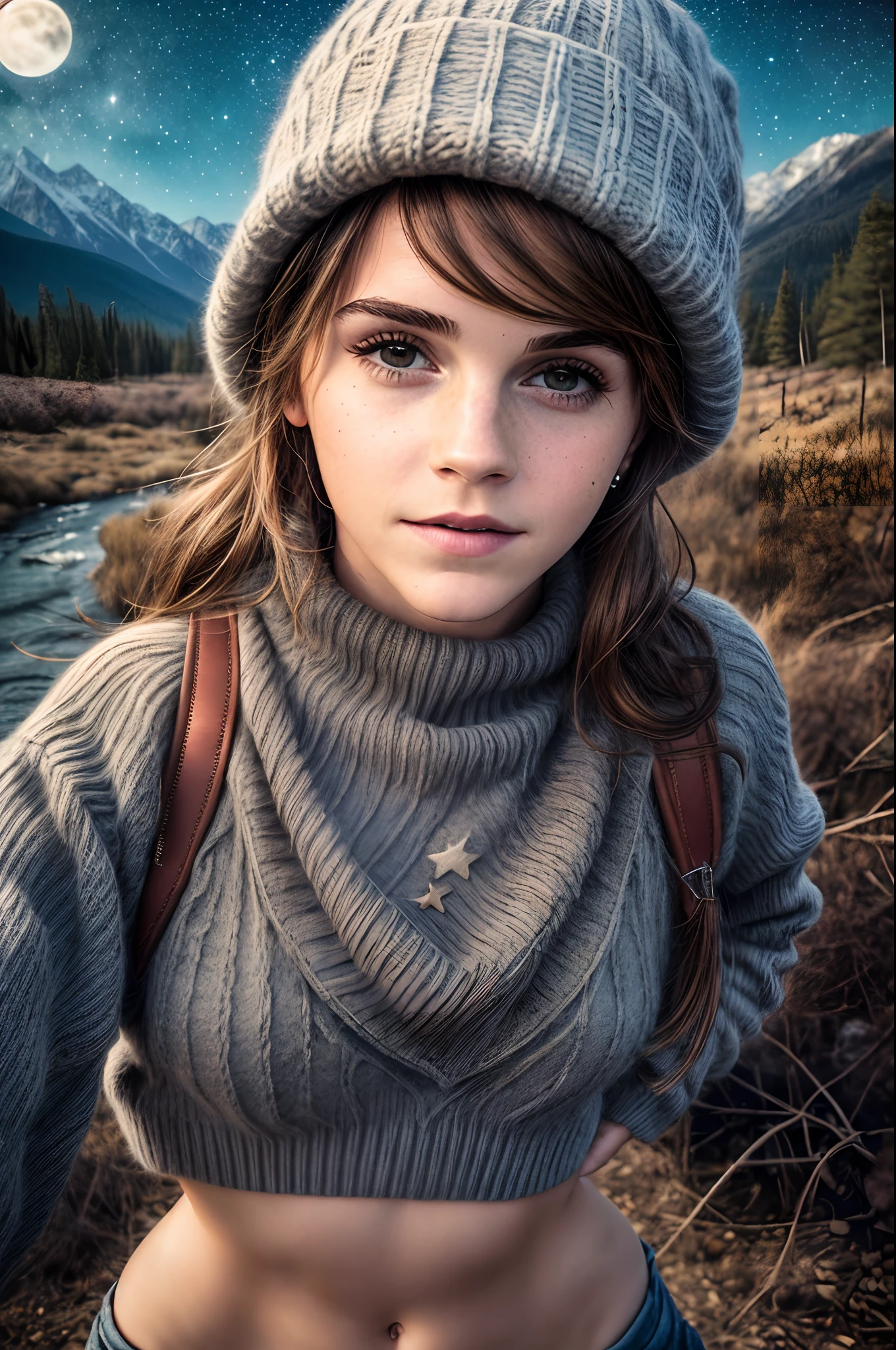 1girl, full body pose  Emma Watson, ((body selfie, happy)), masterpiece, best quality, ultra-detailed, solo, outdoors, (night), mountains, nature, (stars, moon) cheerful, happy, backpack, , mountain boots, gloves, mini sweater top, bare belly, hat, flashlight, forest, rocks, river, wood, smoke, shadows, contrast, clear sky, analog style, (look at viewer:1.2), (skin texture), (film grain:1.3), (warm hue, warm tone :1.2), close up, cinematic light, sidelighting, ultra high res, best shadow, RAW, upper body, wearing pullover top