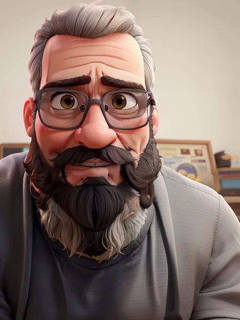 Um homem de 30 anos, Brunette in glasses with short hair and long gray beard, olhos castanhos pixar, melhor qualidade