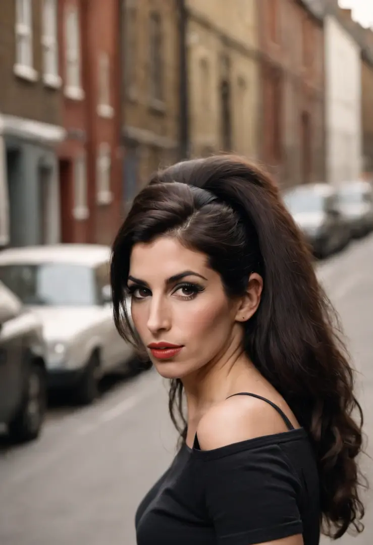 amy winehouse wearing plain basic black t-shirt the entire trunk appears in candem town enviroment background, facing the camera lens, Conceptual art, depth of field, anatomically correct, masterpiece, high quality, high details, best quality