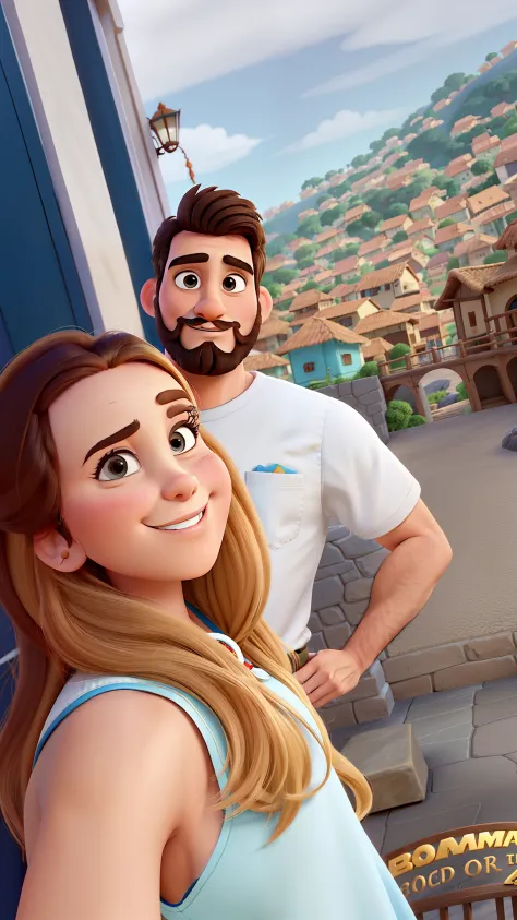 Casal (homem branco com barba e mulher branca loira) no estilo Disney Pixar, alta qualidade, melhor qualidade.