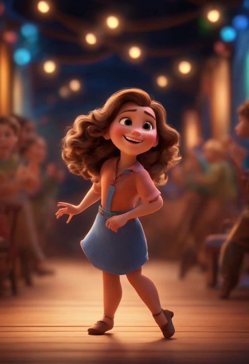 A cartoon girl in a blue dress is dancing in a restaurant - SeaArt AI