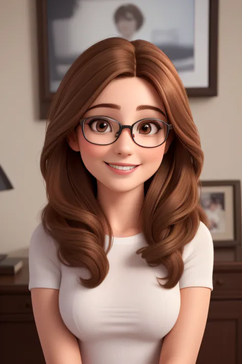 (best quality,highres,ultra-detailed,realistic:1.2),portrait,presentadora de TV,30-year-old (brown-haired:1.1) woman with long hair,round face, charming smile, (brown-eyed:1.1) eyes, wearing glasses, looking at the camera.