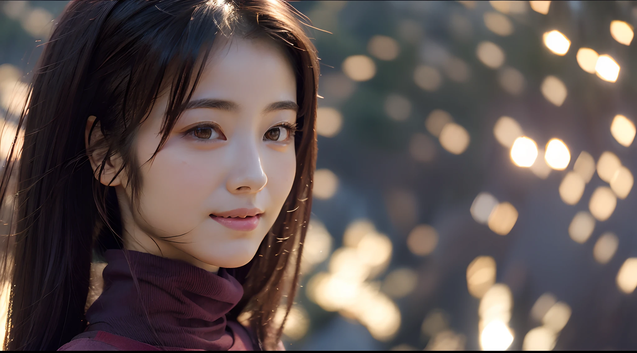 girl,cute,beautiful face,turtleneck, bare breast, girl, flat breasts, longhair, 17years old, smile,looking a viewing, front view, outdoor,{{wind}},red leaves, mountain backgrounds, {{{{{detailed face}}}}},photorealization, detailed body, ultra-detailed, best quality, beautiful detailed eyes, cinematic lighting, super detailed skin