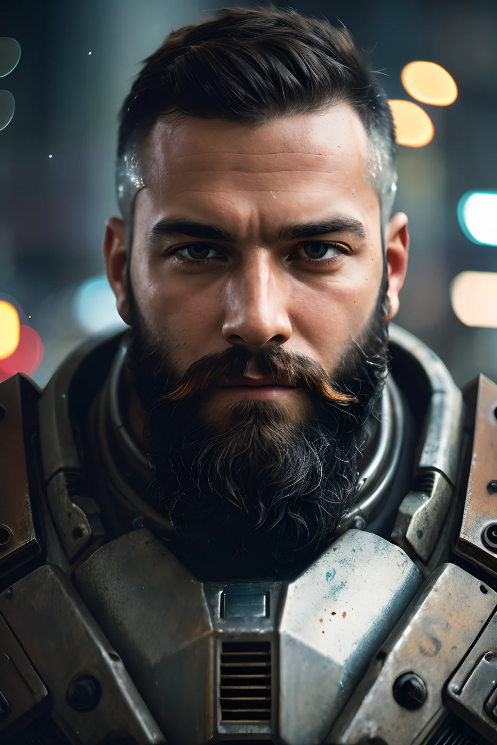 Portrait photo of muscular bearded guy in a worn mech suit, ((light bokeh)), intricate, (steel metal [rust]), elegant, sharp focus, photo by greg rutkowski, soft lighting, vibrant colors, masterpiece, ((streets)), detailed face