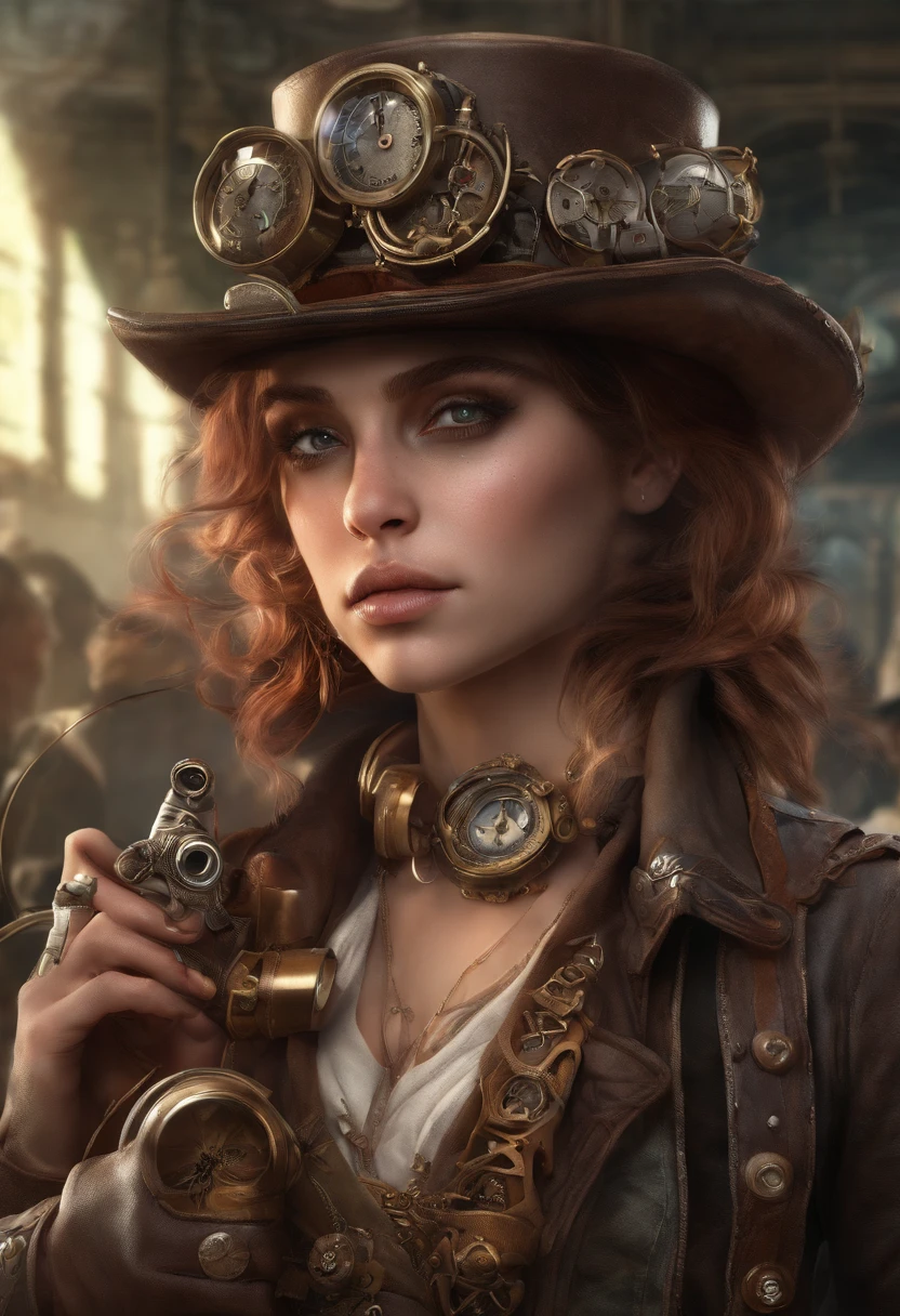 A woman in a hat and steampunk holding a camera - SeaArt AI