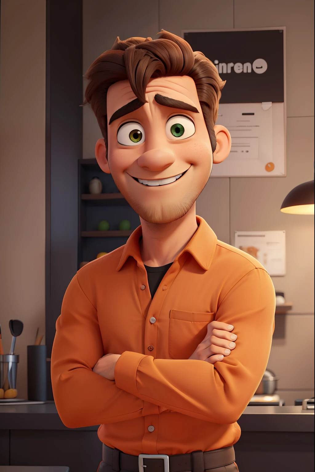 Cartoons in orange shirt and black pants, arms crossed, looking forward and smiling with teeth showing;gray beard all over his face, greeneyes,calvo,gray brown hair