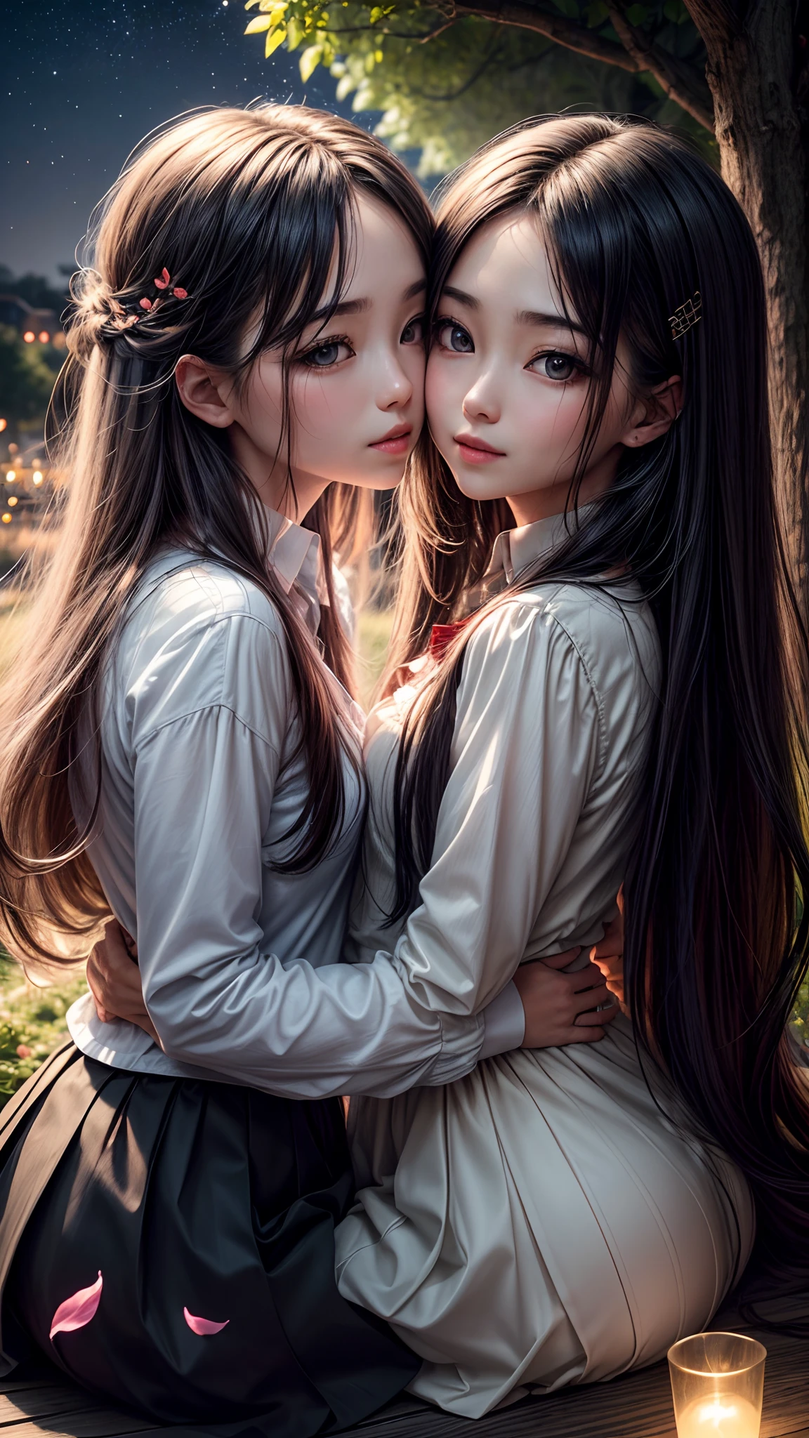 Dark night, absurderes, high resolution, Ultra detailed backgrounds, highly detailed hair, 2girl in, Calm tones, (Geometry:1.42), (Symmetrical background:1.4),  korean 29 year old girls, white shirt, red skirt, sit under the tree, Smiling, Photograph the whole body ,frombelow ,Backlighting of natural light, falling petals, garden view,  long_hair,  wind blowing, stary night, night sky, full moon, the source of light is the moon light, slighty_chubby, kissing each other, romance_mood, romantic lamp,