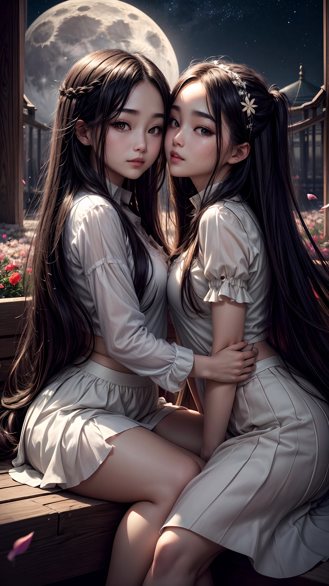 Dark night, absurderes, high resolution, Ultra detailed backgrounds, highly detailed hair, 2girl in, Calm tones, (Geometry:1.42), (Symmetrical background:1.4),  korean 29 year old girls, white shirt, red skirt, sit under the tree, Smiling, Photograph the whole body ,frombelow ,Backlighting of natural light, falling petals, garden view,  long_hair,  wind blowing, stary night, night sky, full moon, the source of light is the moon light, slighty_chubby, kissing each other, romance_mood, romantic lamp,