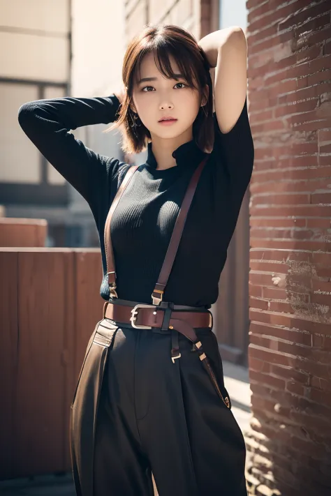 ​masterpiece、flat-colors、depth of fields、lens flare 1 girl、、Brown hair、watching at viewers　　　　a belt　black suspenders　　　large fu...