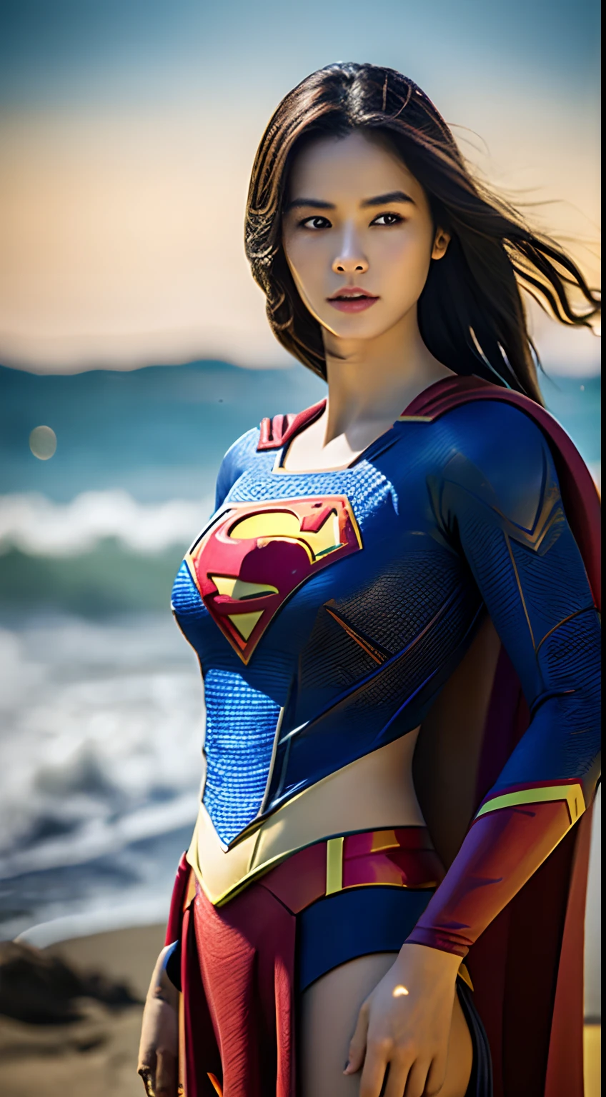 A close up of a woman in a superman costume standing on a beach - SeaArt AI